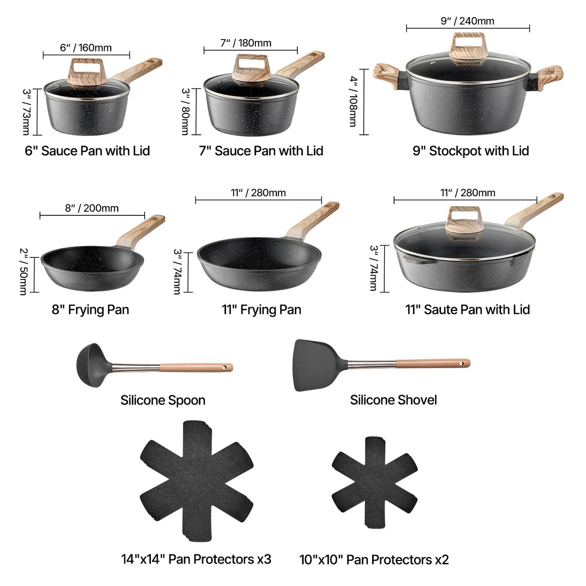 17-Piece Granite Nonstick Pots and Pans Set with Lids for All Stovetops