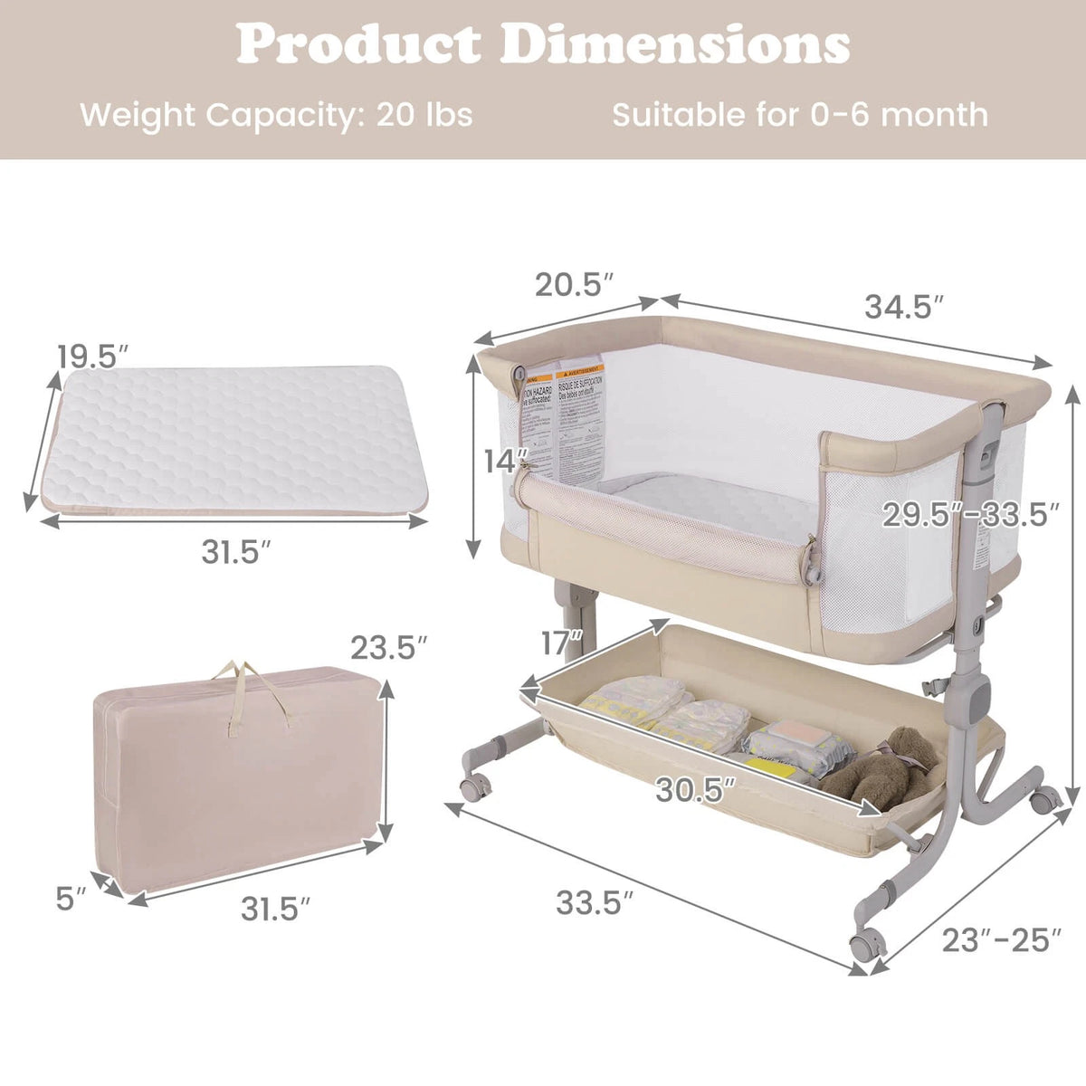 3-in-1 Baby Bassinet with Wheels, Storage & Adjustable Height Beige
