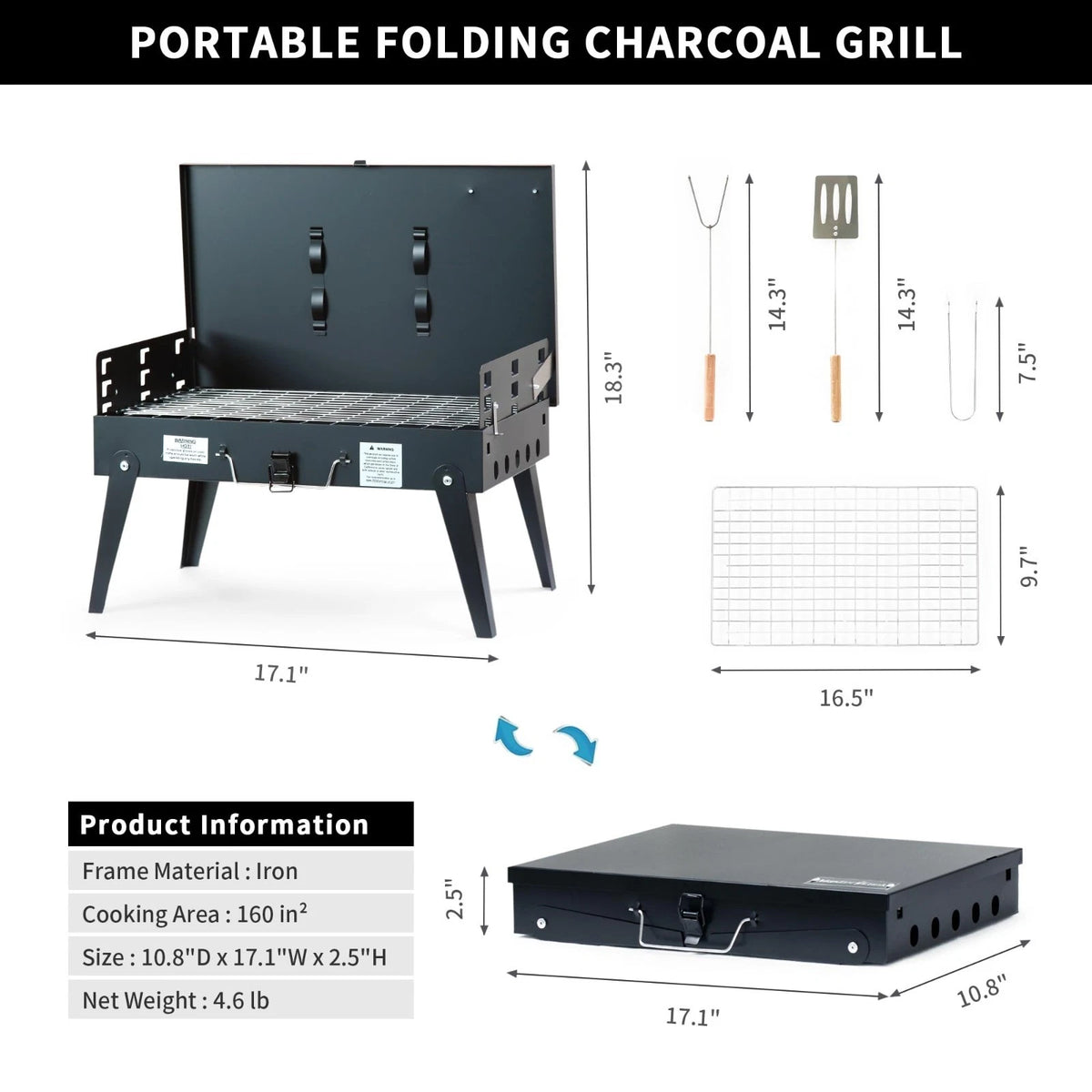 Charcoal Grill Portable Tabletop BBQ for Camping Foldable Compact