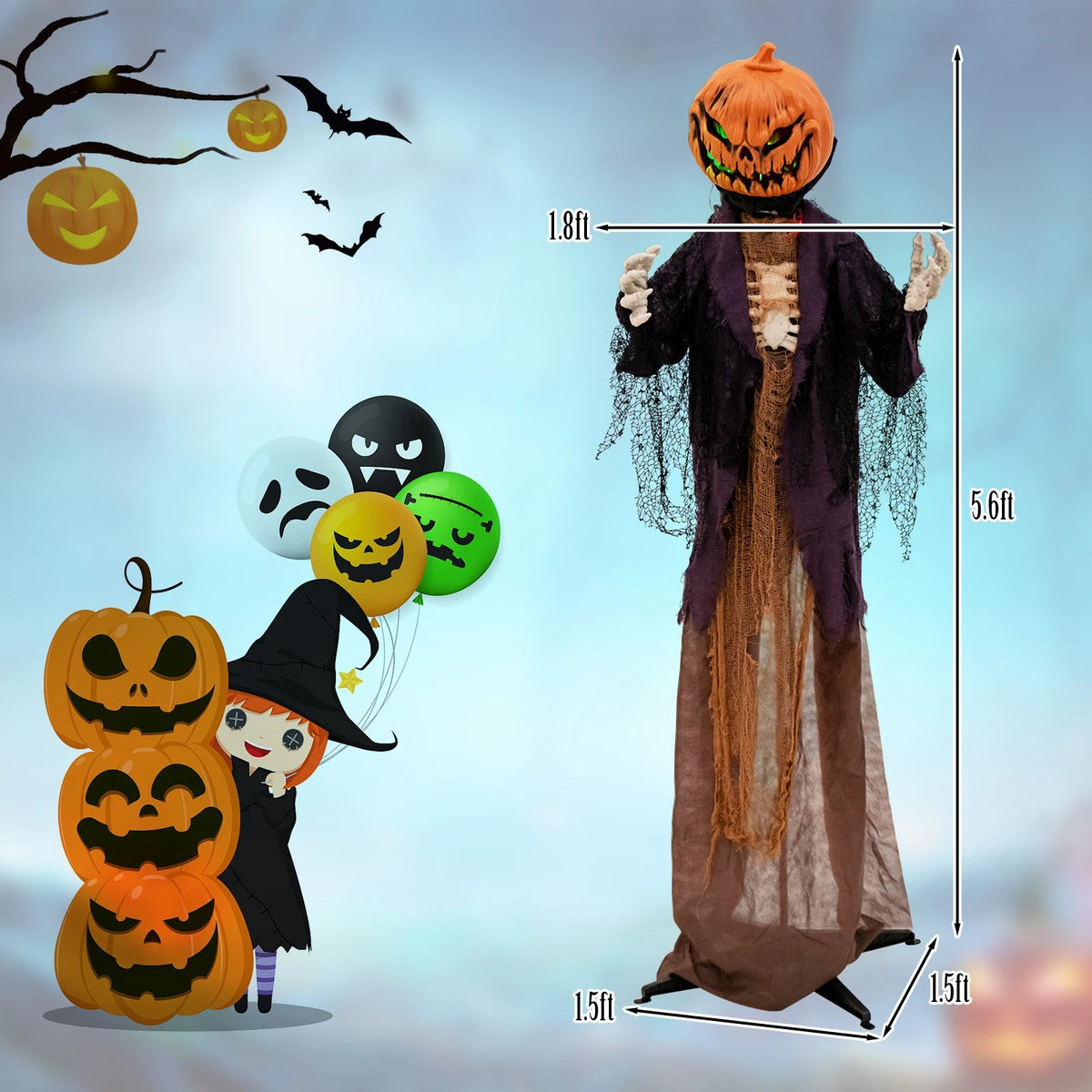 5.6FT Animated Pumpkin Scarecrow with Green LED Eyes and Spooky Sounds