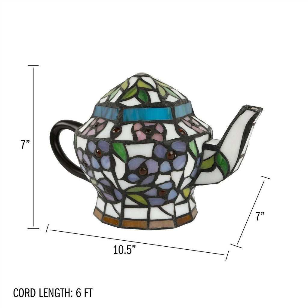 Tiffany Style Stained Glass Teapot Lamp with LED Light for Home Décor