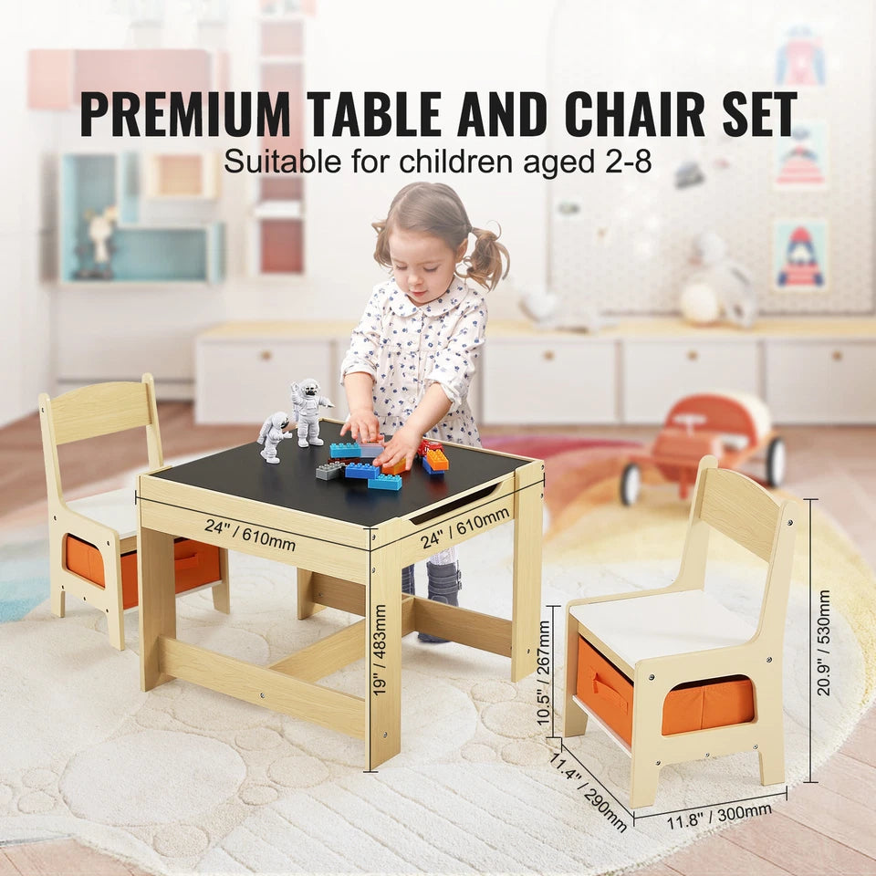 Kids Wooden Table and Chair Set with Chalkboard & Storage Bins