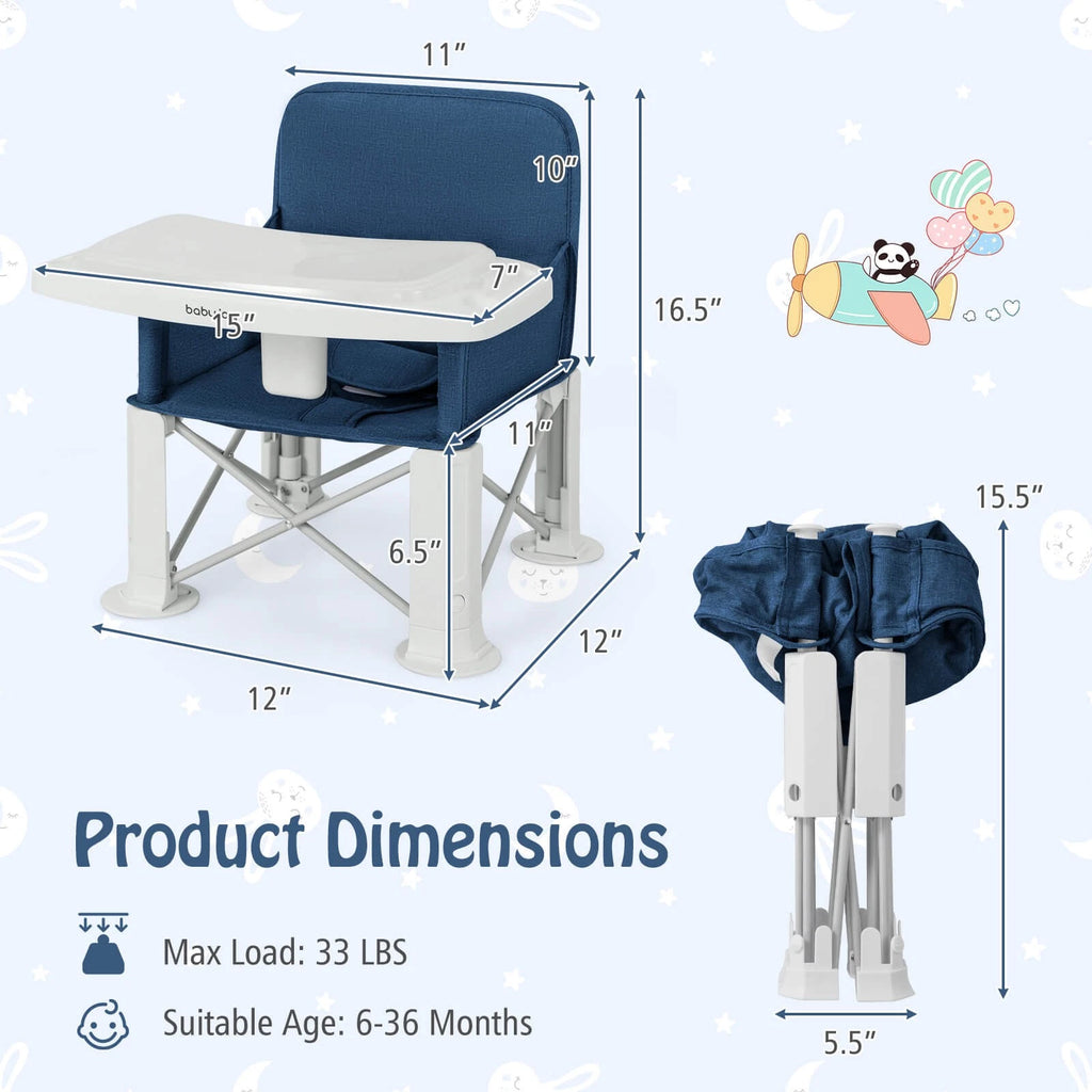 Folding Toddler Travel Booster Seat with Double Tray and Bag Blue