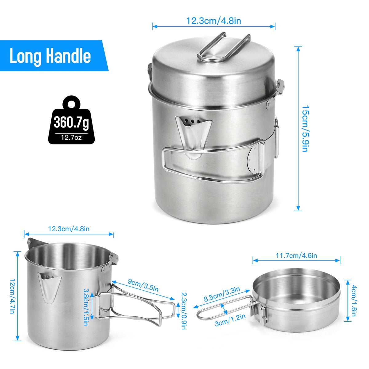 1L Stainless Steel Camping Pot with Lid, Spout & Foldable Handle