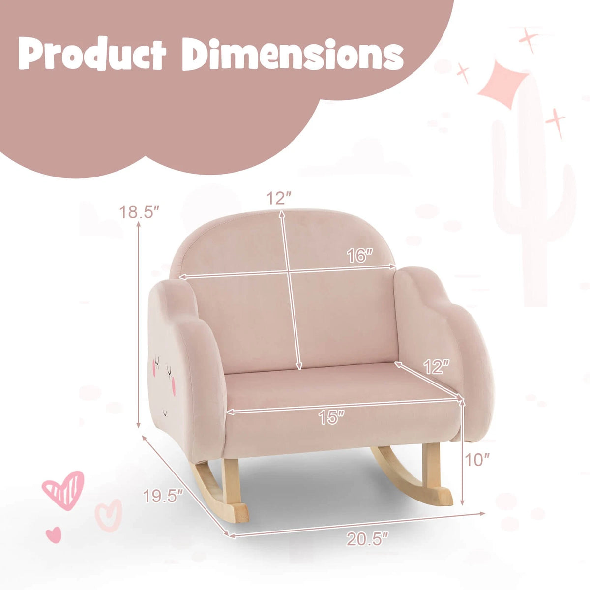Toddler Rocking Chair with Wood Base and Armrests Pink Velvet