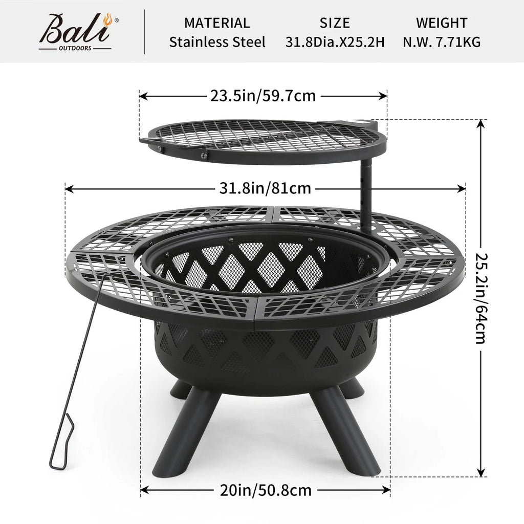 Outdoor Wood Fire Pit 32 Inch BBQ Grill Swivel Cooking Patio Heater
