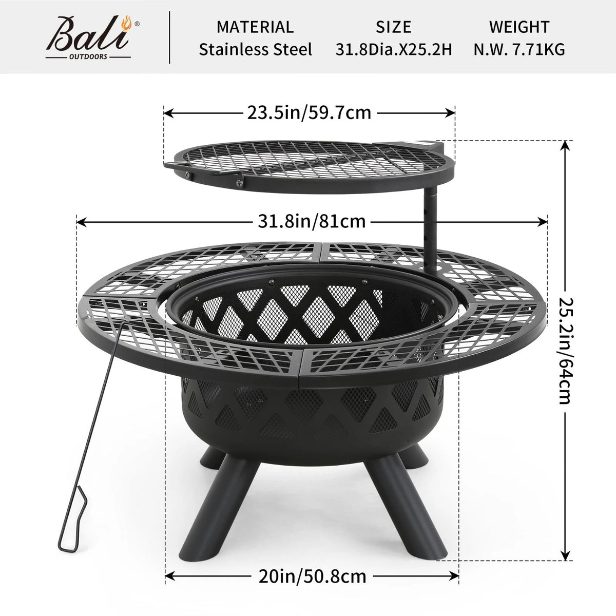 Outdoor Wood Fire Pit 32 Inch BBQ Grill Swivel Cooking Patio Heater