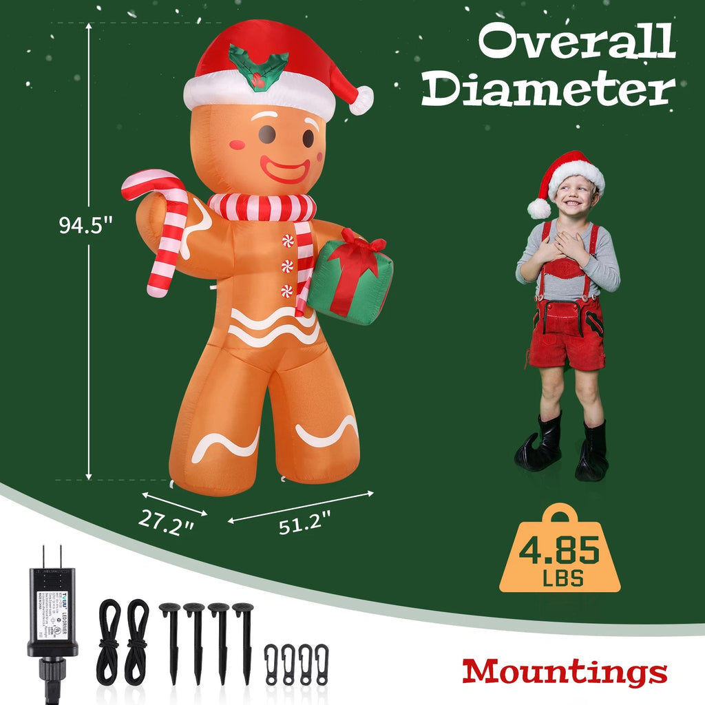 8FT Lighted Gingerbread Man Inflatable with Gift for Outdoor Christmas Decor