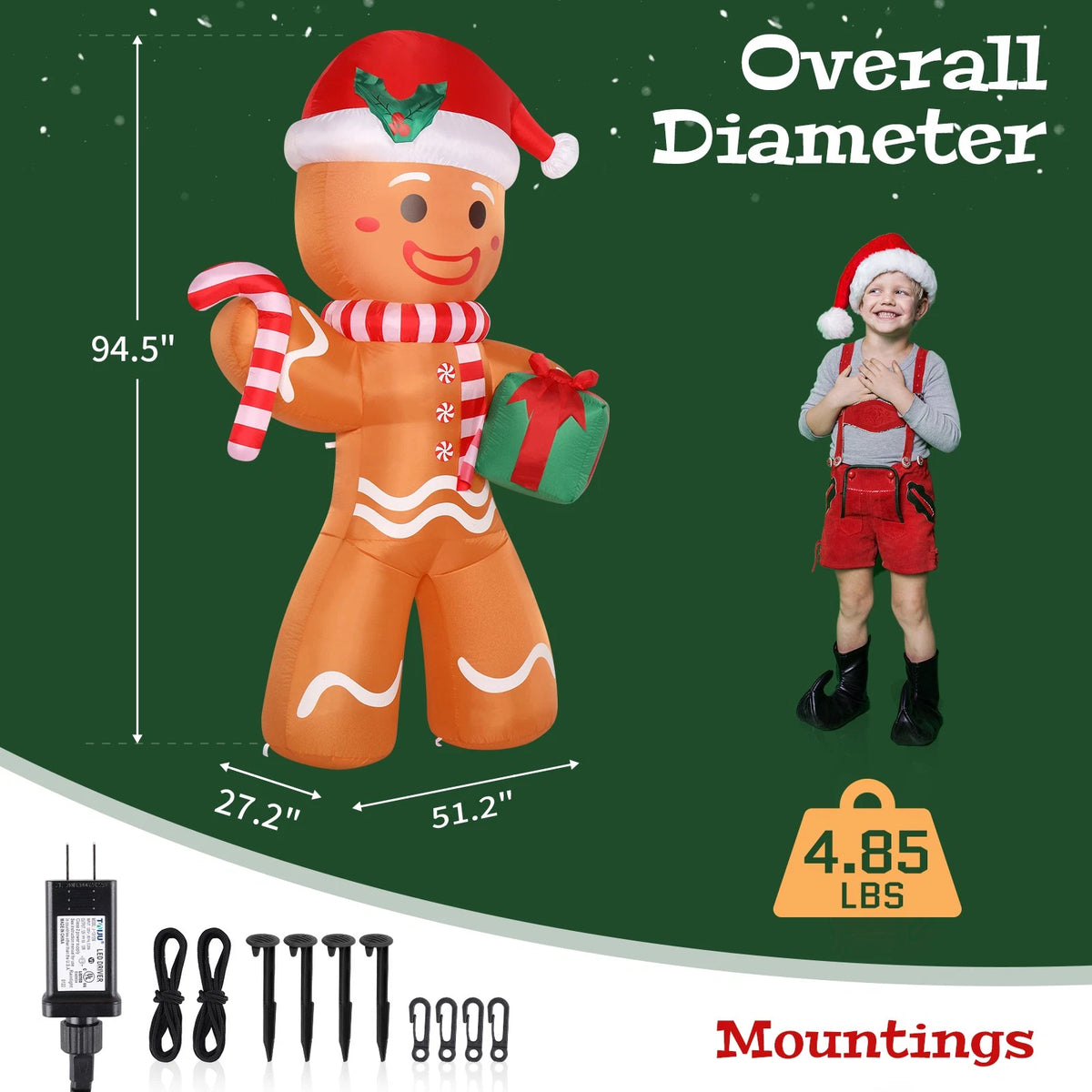 8FT Lighted Gingerbread Man Inflatable with Gift for Outdoor Christmas Decor