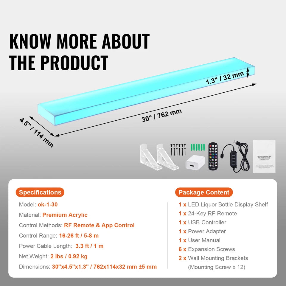 30" LED Liquor Bottle Display Shelf with Remote & App Color Control