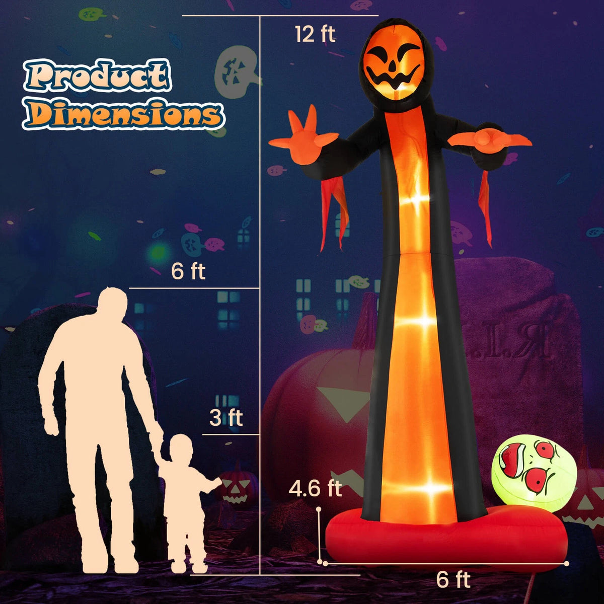 12FT Giant Grim Reaper Inflatable with Skull, LED Lights & Blower