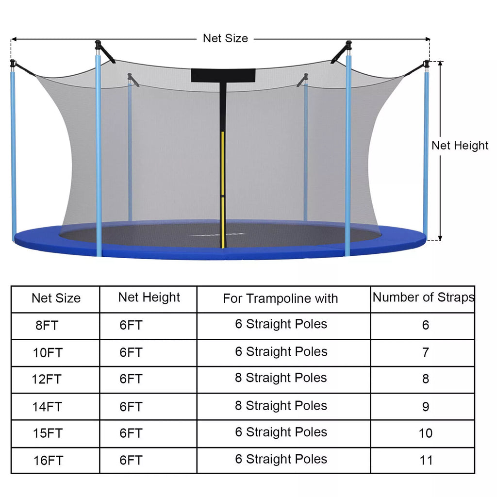 Weather-Resistant 8FT Trampoline Safety Net for 6-Pole Frames