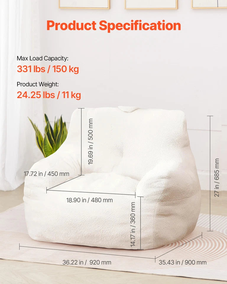 3-Foot Memory Foam Bean Bag Chair with Armrests and Side Pocket White