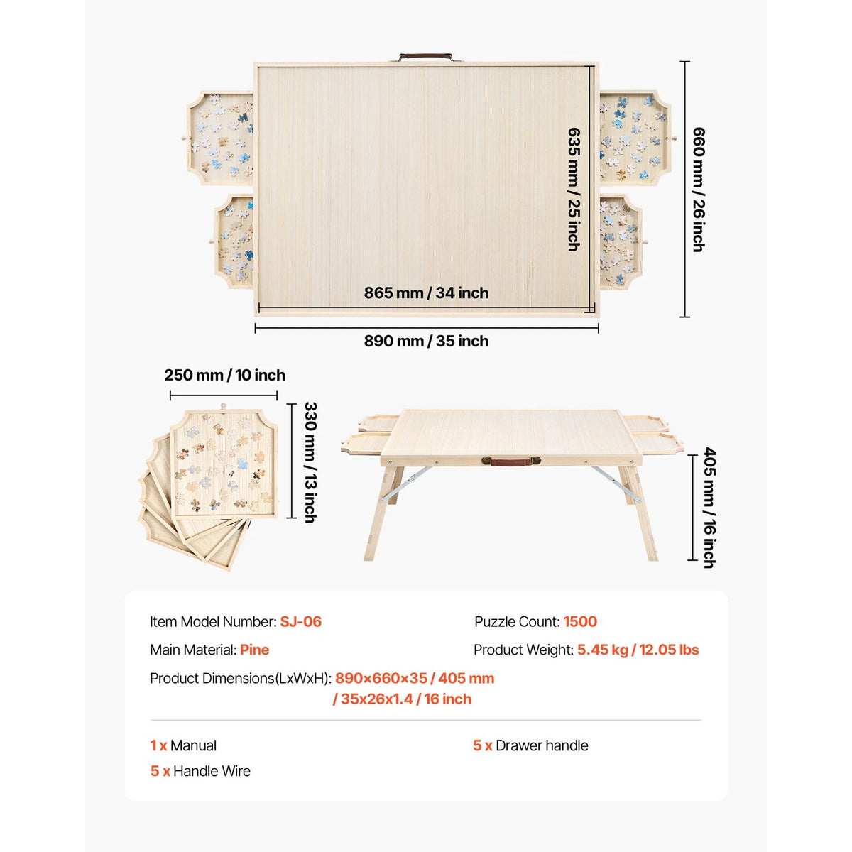 Foldable Wooden Puzzle Table with Drawers & Clear Cover for 1500 Pieces