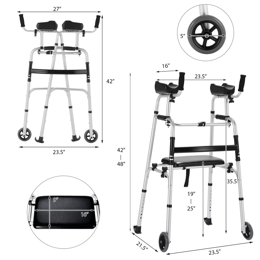 Foldable Aluminum Walker with Cushioned Seat & Wheels