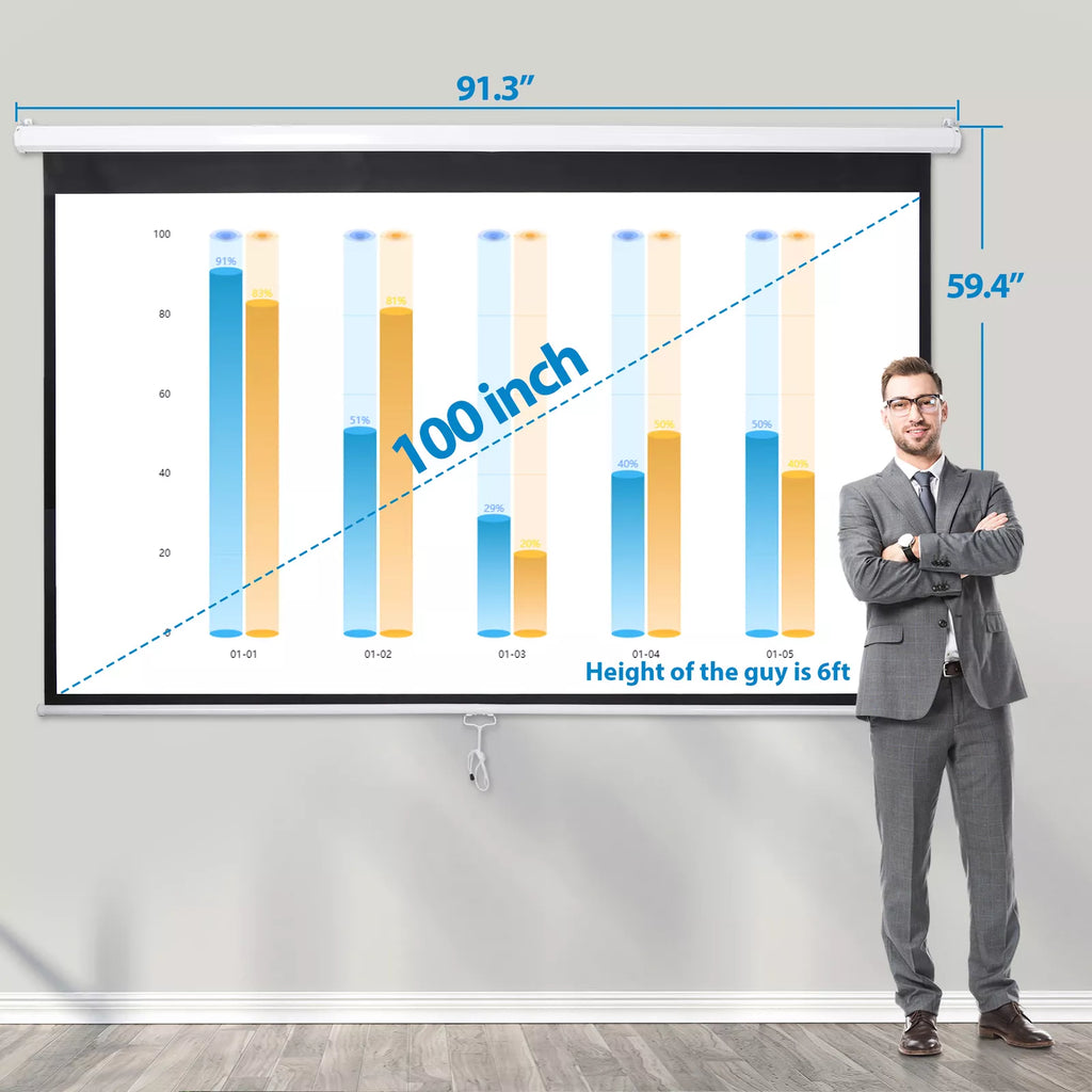 100-Inch 16:9 HD Manual Pull Down Projector Screen Home Theater