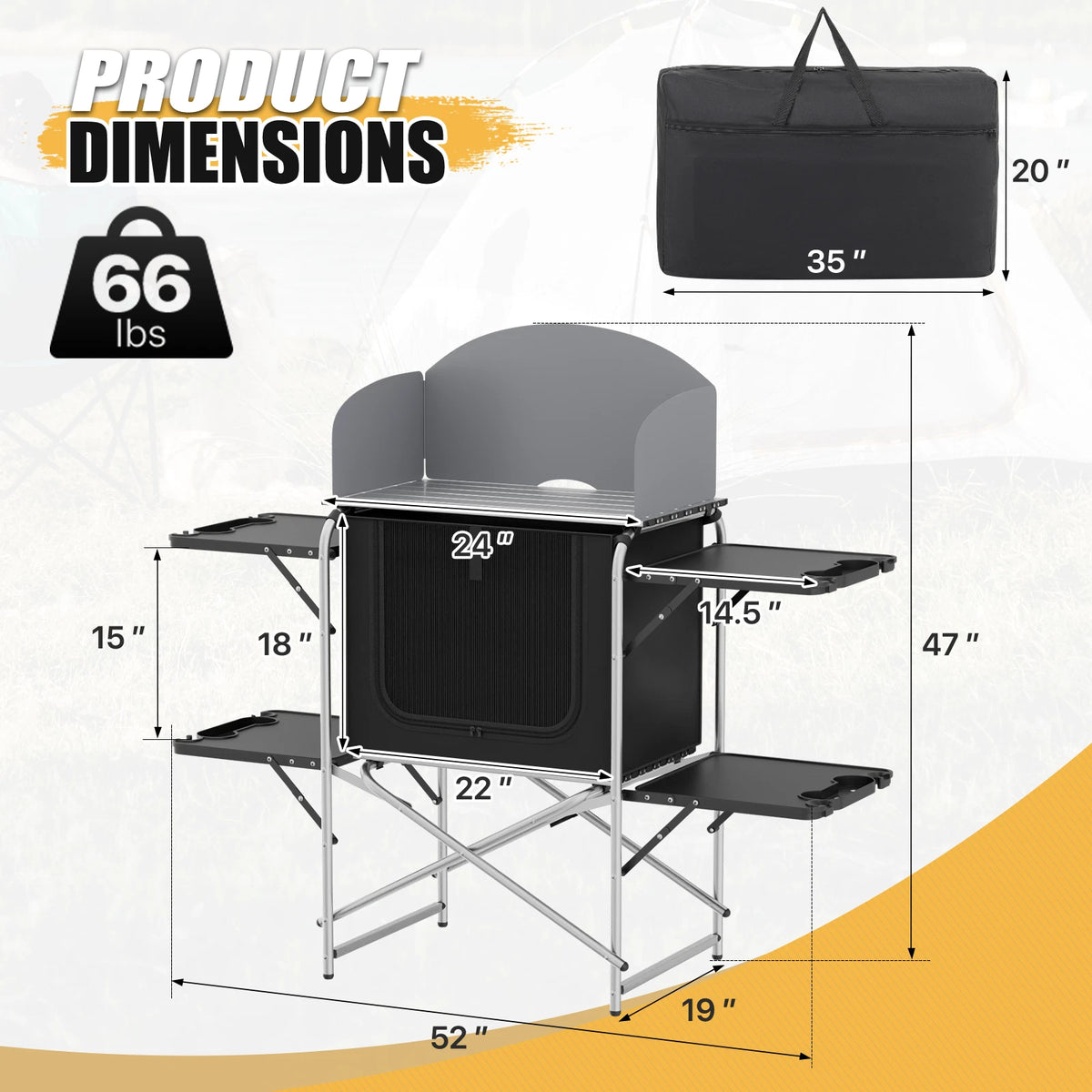 52" Folding Camping Kitchen Table with Windscreen and Storage Shelves