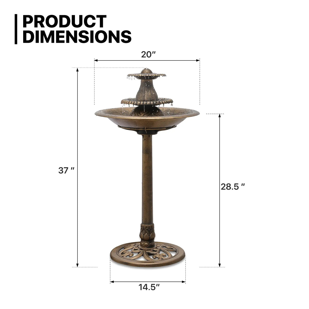 35" Bronze Garden Water Fountain Birdbath with Pump