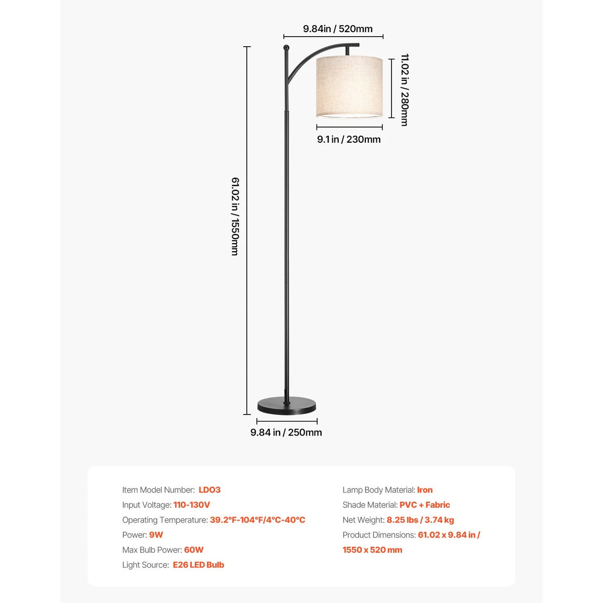 Dimmable Floor Lamp with Remote Control, Adjustable Color Temp Head