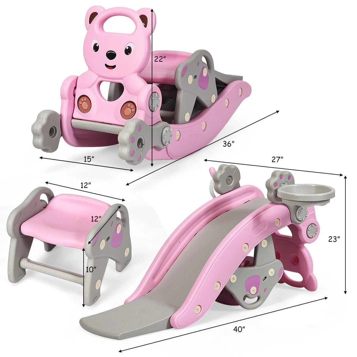 4-in-1 Toddler Rocking Horse Slide Set with Hoop & Ring Toss Pink