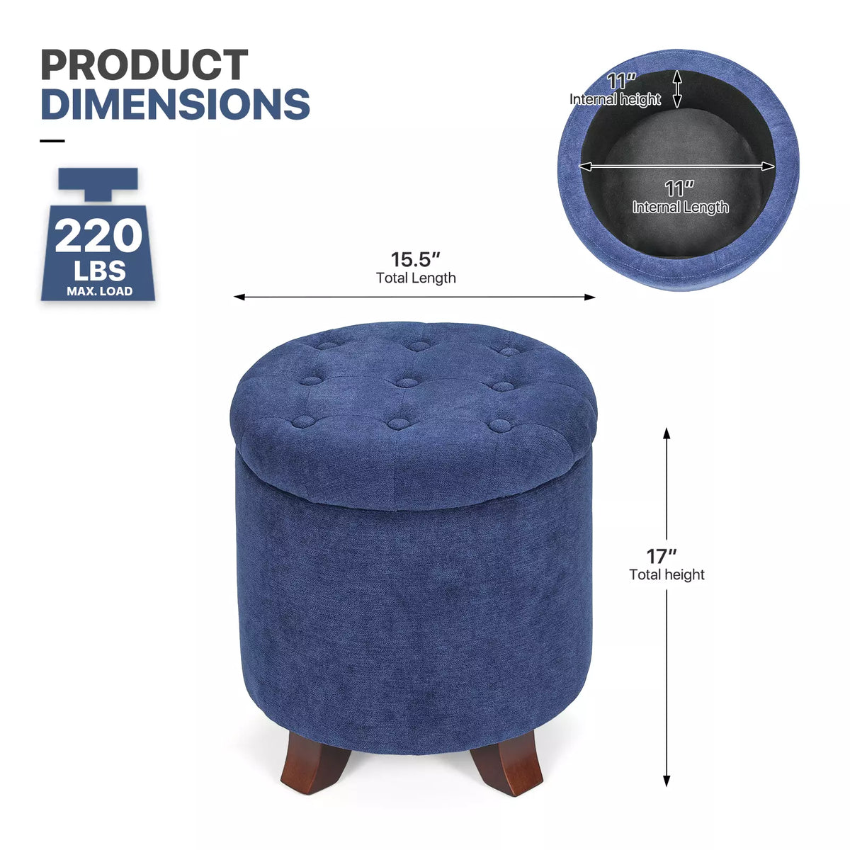 17" Round Navy Ottoman with Storage Padded Seat Lift-Off Lid