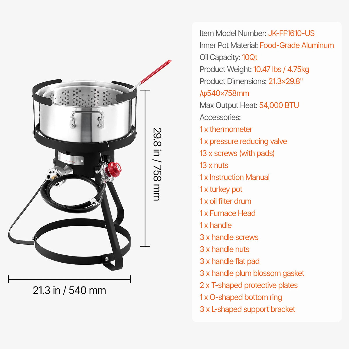 10Qt Propane Deep Fryer Set with Aluminum Pot, Basket & 54,000 BTU Burner