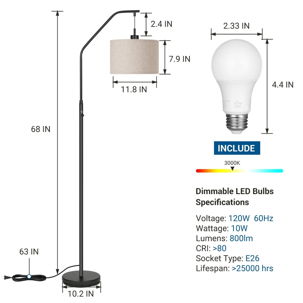 Arched Floor Lamp with Dimmable LED, Hanging Drum Shade, Black Kit LED