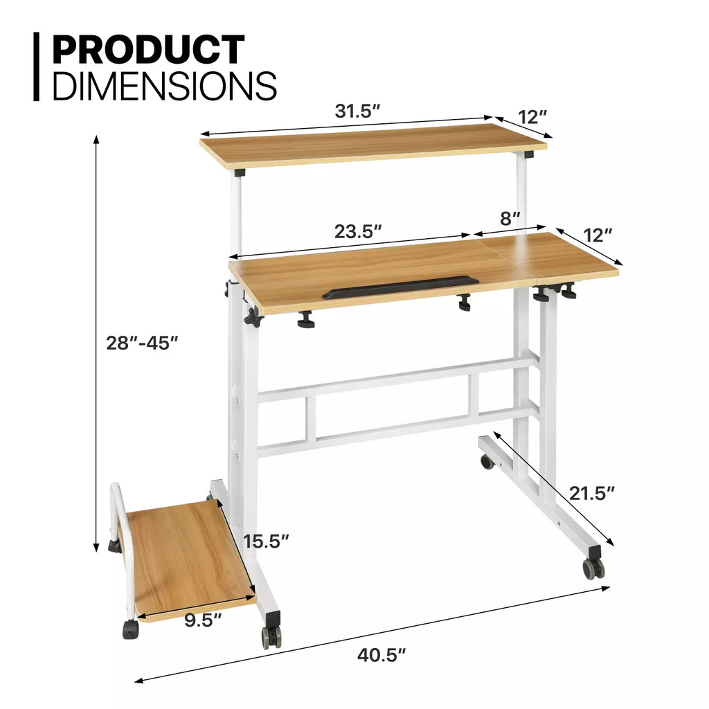 Rolling Adjustable Height Laptop Desk with CPU Stand Modern Workstation