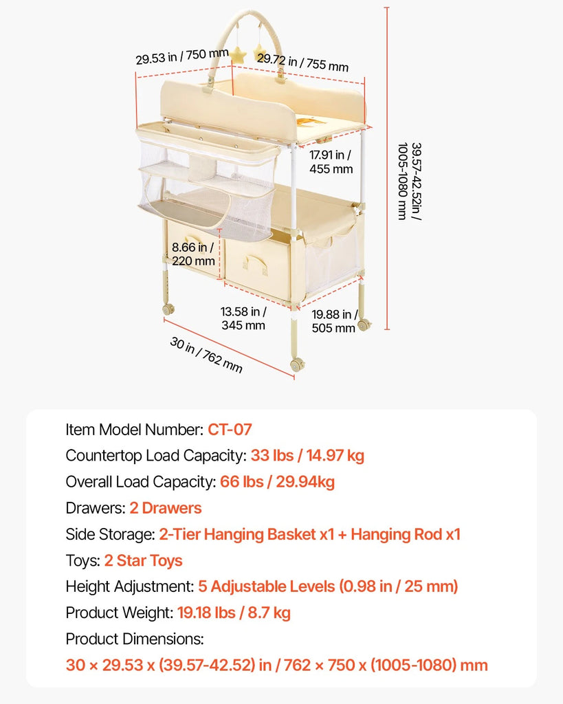 Beige Foldable Baby Changing Table with Basket, Drawers & Toys