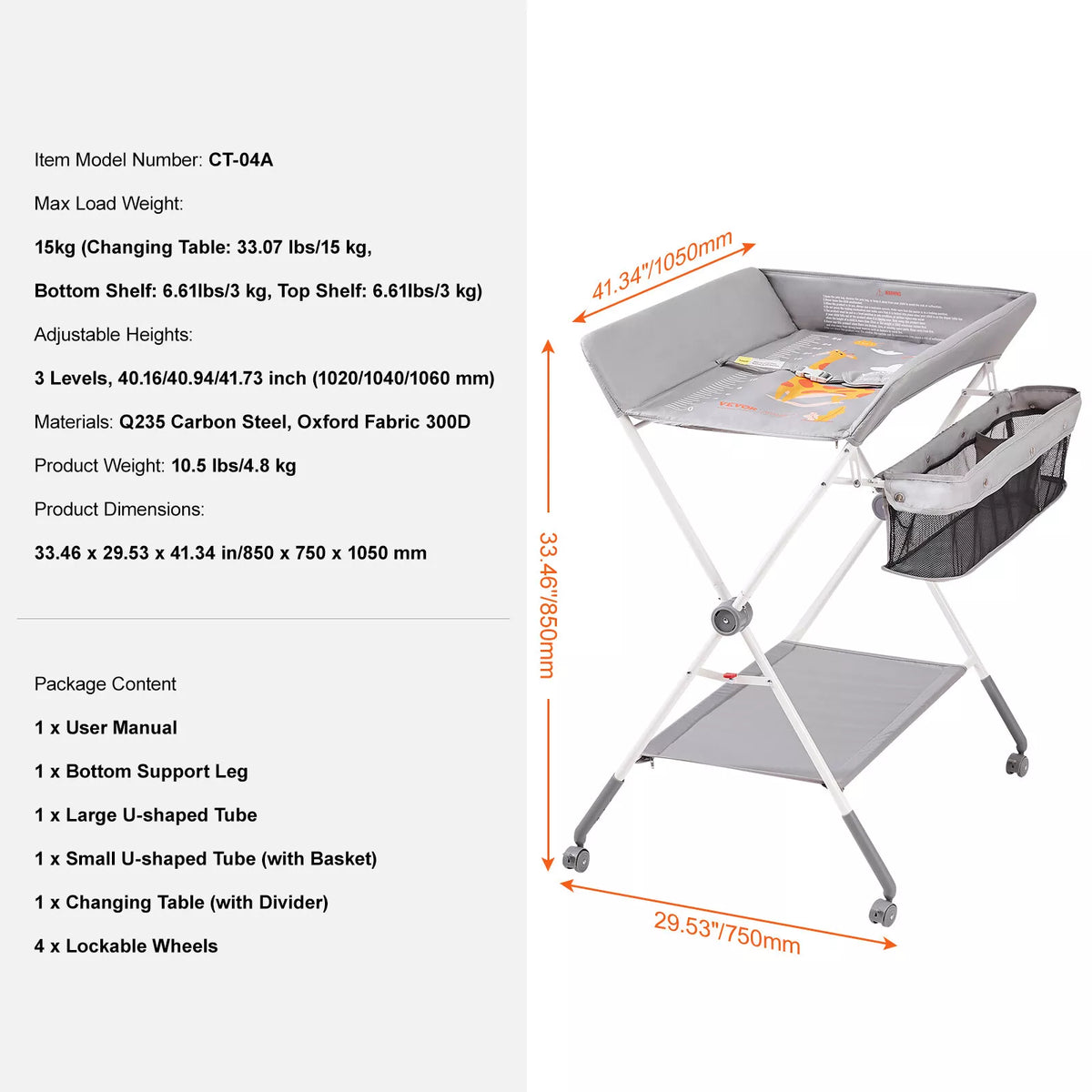 Adjustable Folding Baby Changing Table with Wheels