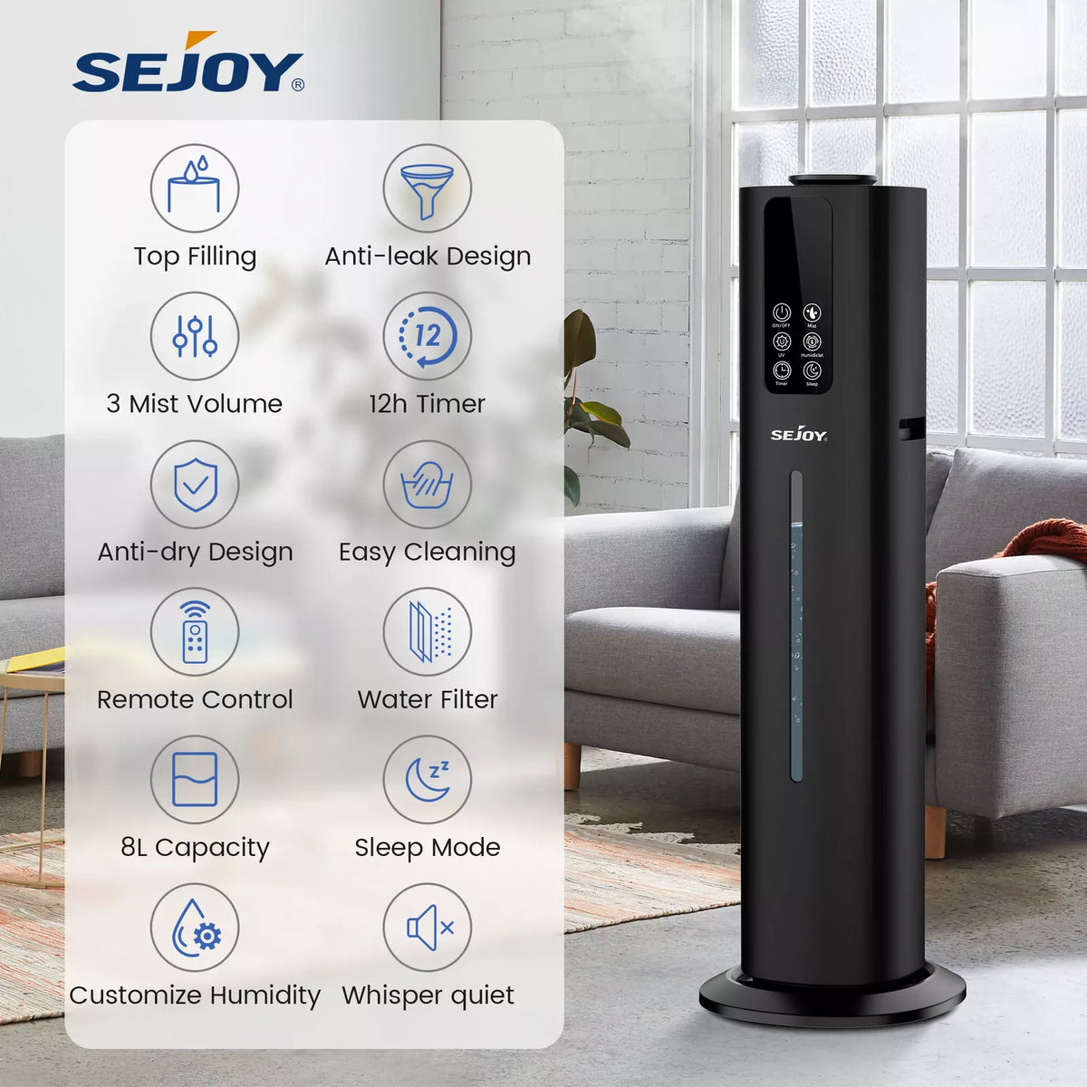 8L Ultrasonic Cool Mist Humidifier with Remote