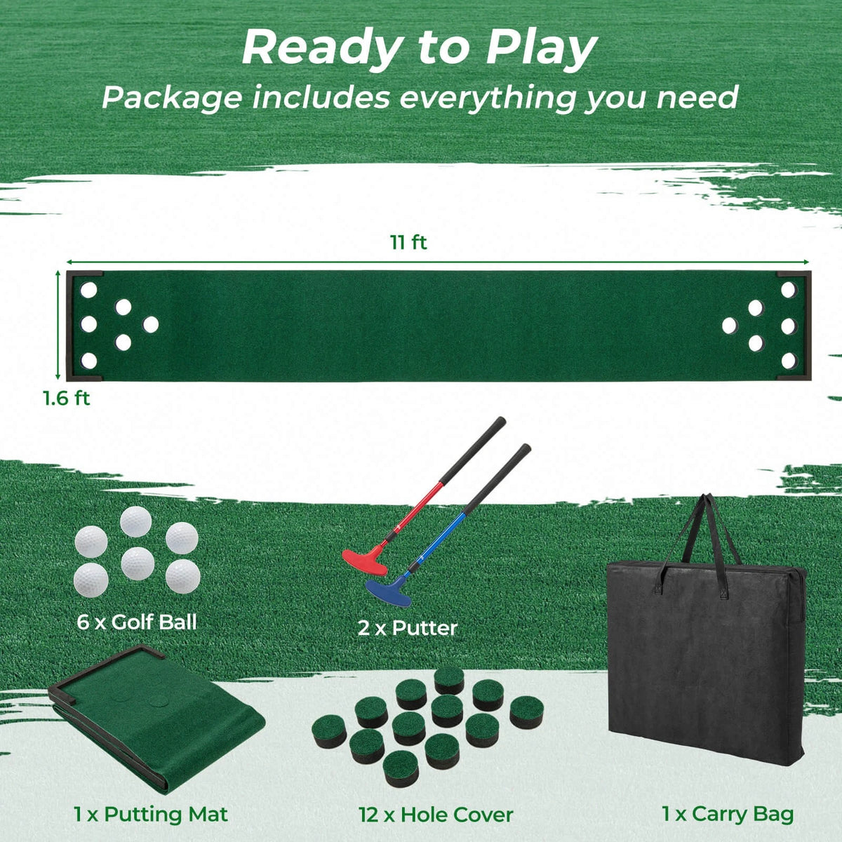11FT Golf Putting Game Set with Adjustable Putters, Balls & Carry Bag