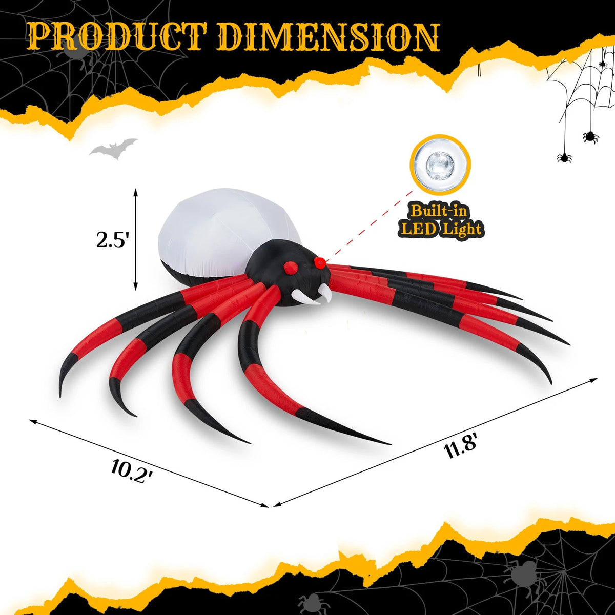 11.8ft Inflatable Halloween Spider with Rotating LED Lights Outdoor Decor