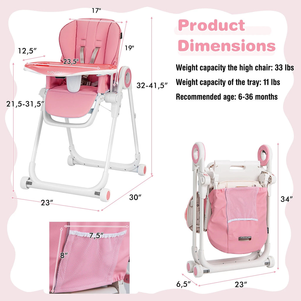 Foldable Baby High Chair with Double Tray, Wheels & Recline Pink