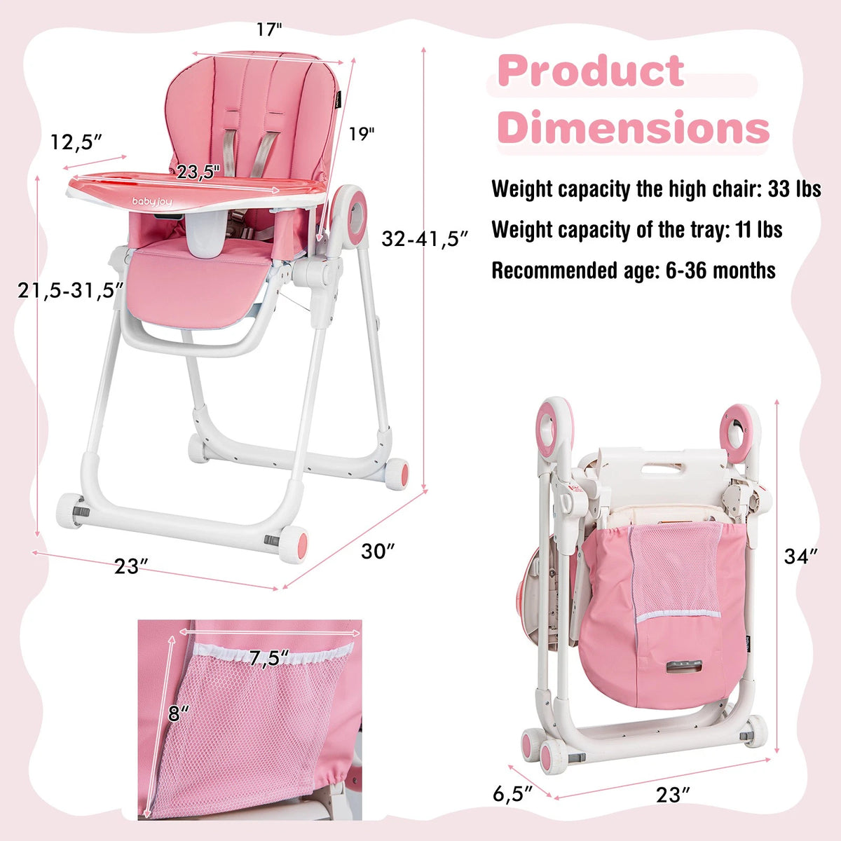 Foldable Baby High Chair with Double Tray, Wheels & Recline Pink