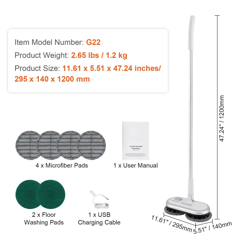 Cordless Dual-Head Electric Spin Mop with Adjustable Handle White
