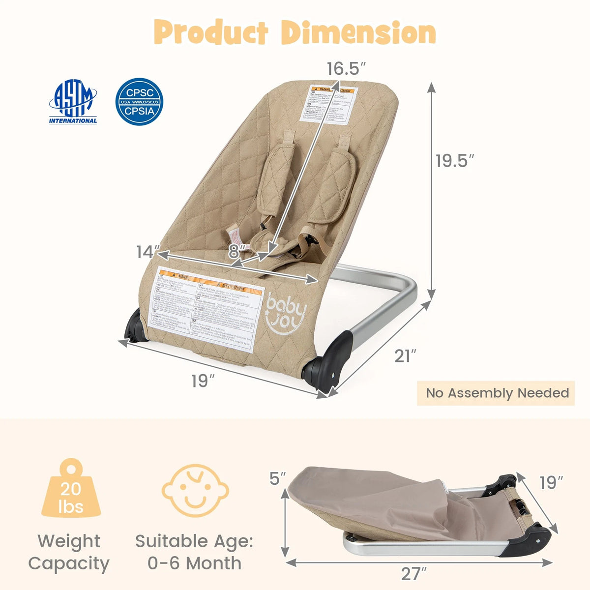 Folding Baby Bouncer with Ergonomic Backrest Breathable Design Beige