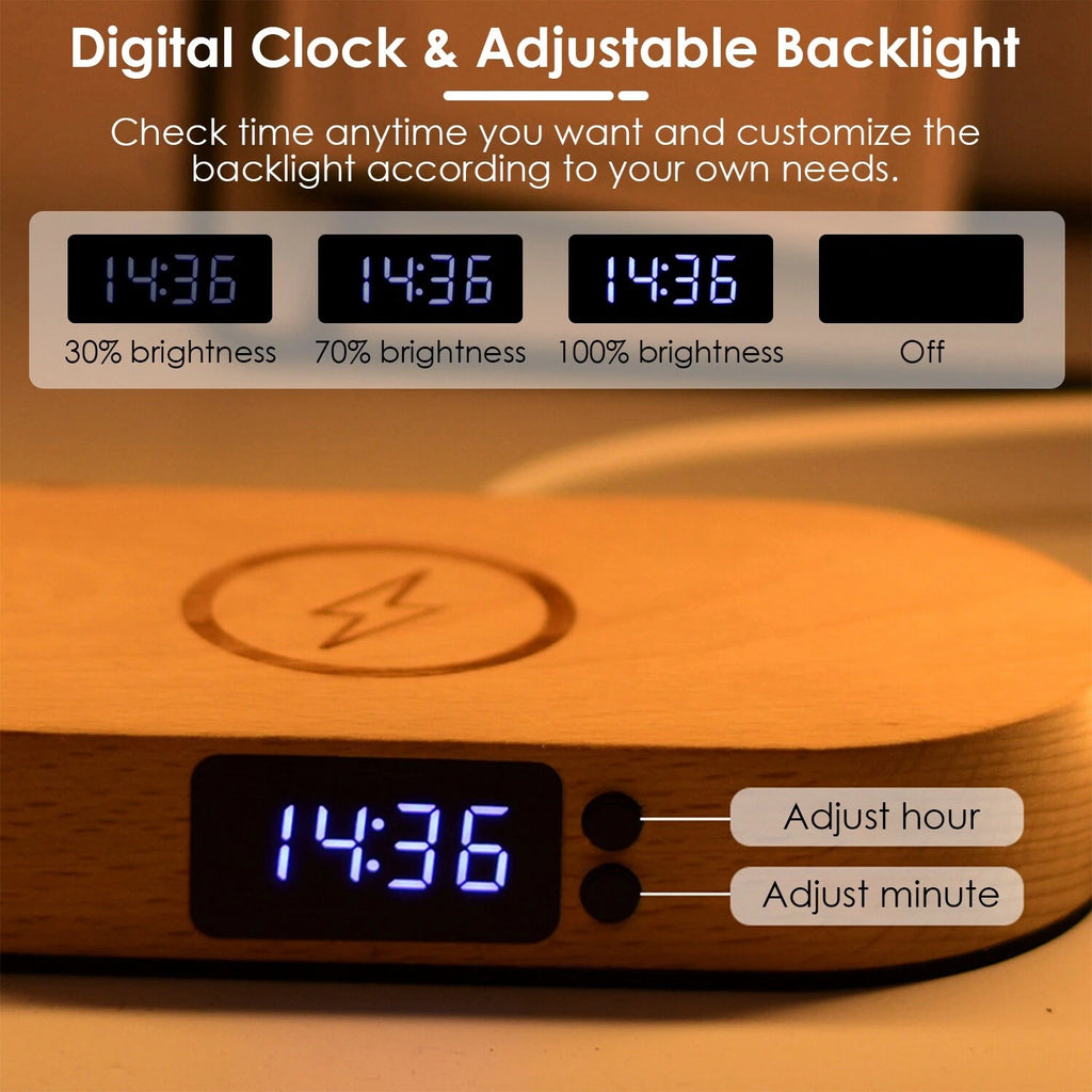 Modern LED Bedside Lamp with Wireless Charger, USB Port & Clock Hub