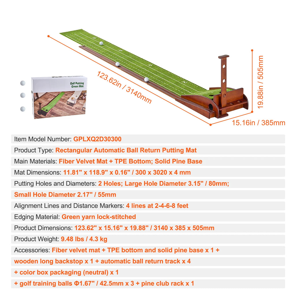 Indoor Golf Putting Mat with Ball Return, Wood Base & 2 Hole Design