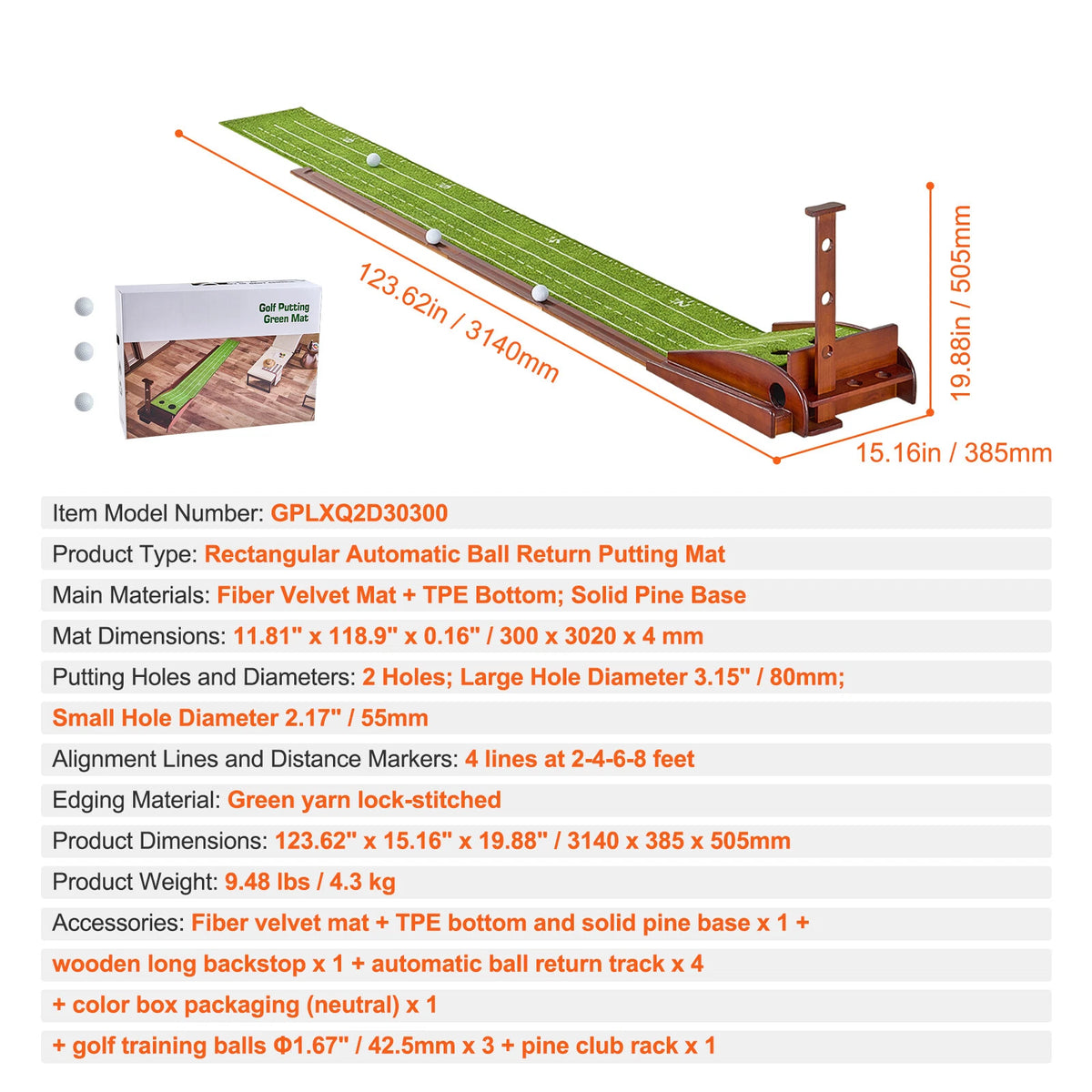 Indoor Golf Putting Mat with Ball Return, Wood Base & 2 Hole Design