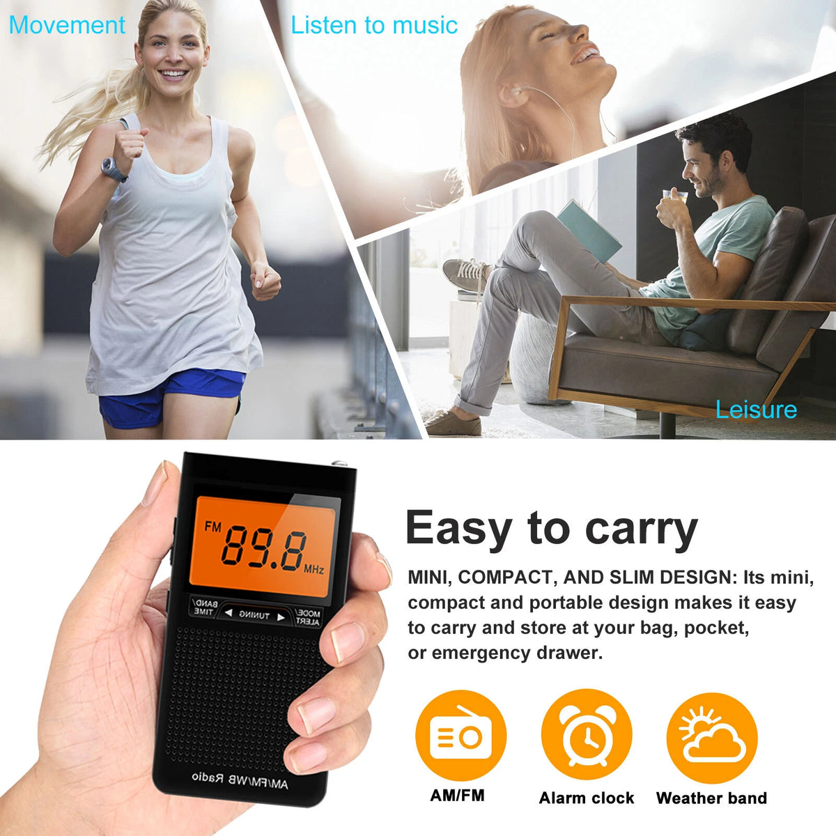 Pocket NOAA AM FM Weather Alert Radio with Auto Search Alarm Clock