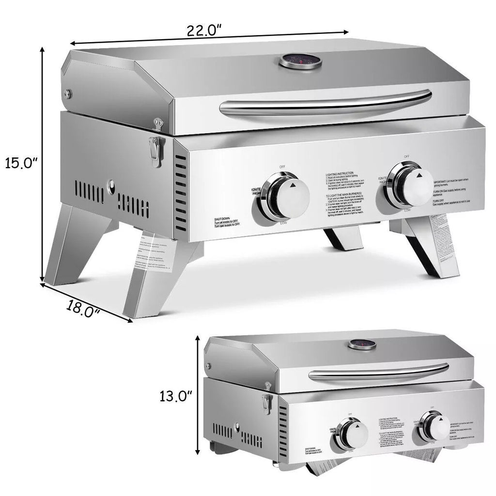 2-Burner Propane Gas Grill Stainless Steel Tabletop 20,000 BTUs