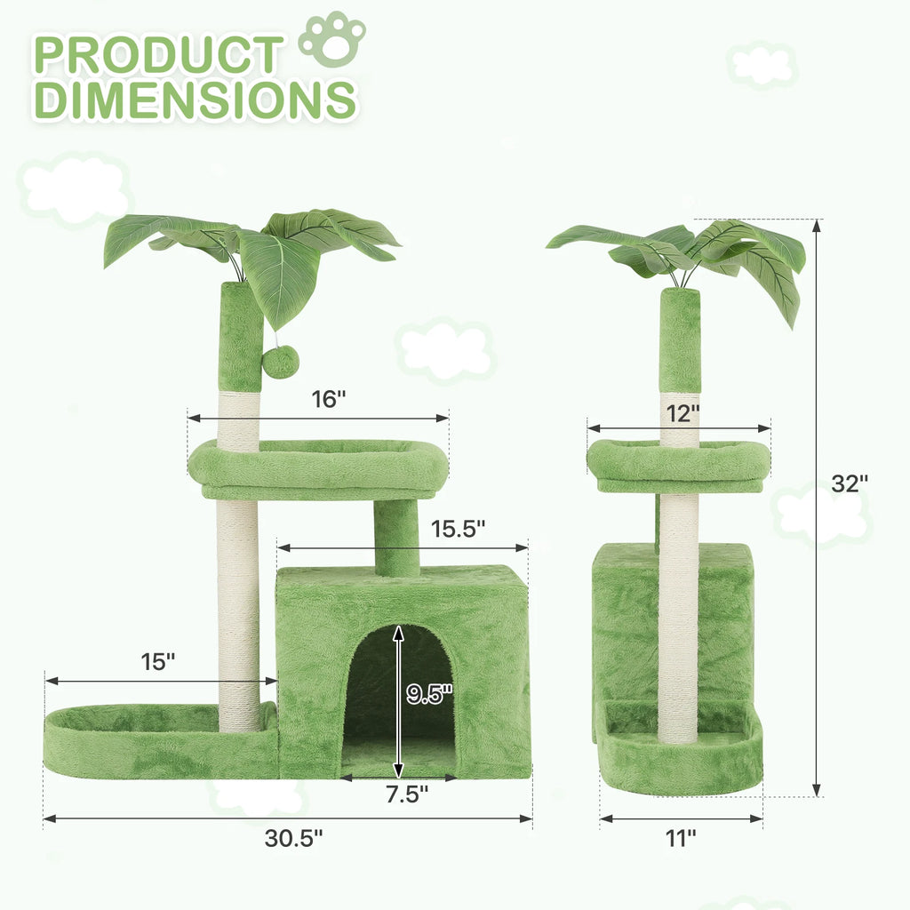 32" Cat Tree with Condo Scratching Posts Toy Ball & Leaf Design