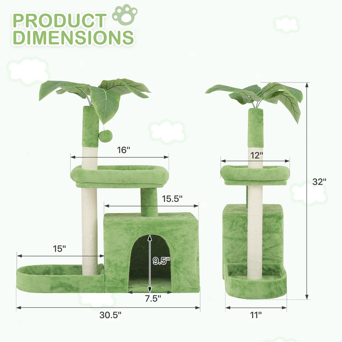32" Cat Tree with Condo Scratching Posts Toy Ball & Leaf Design