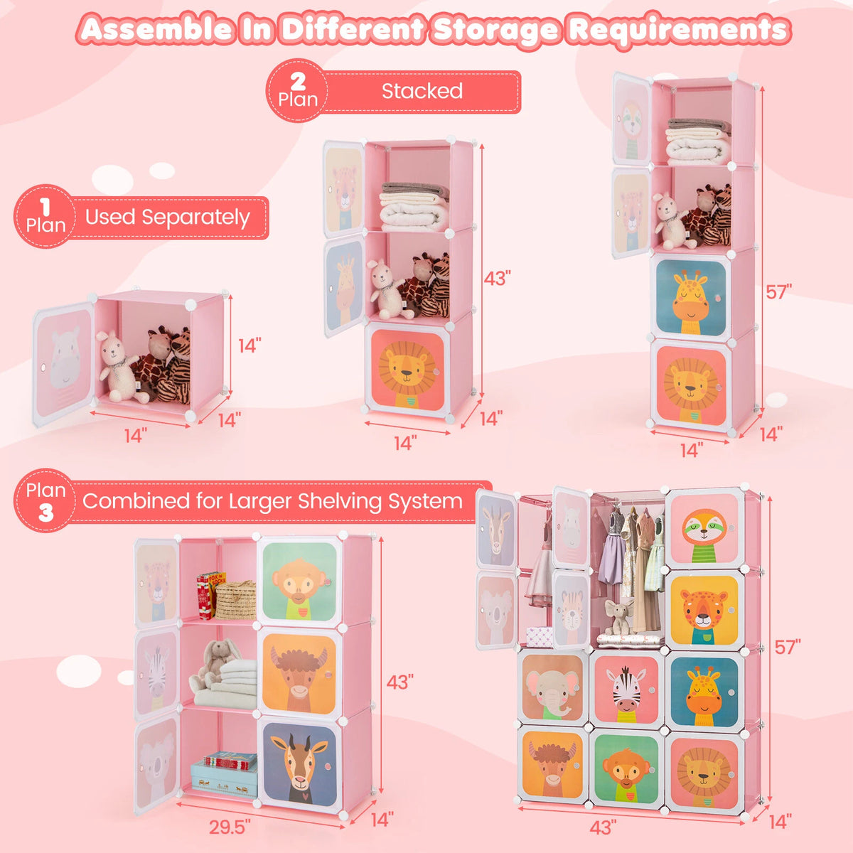 12-Cube Kids Closet Organizer with Hanging Rod & Animal Doors Pink