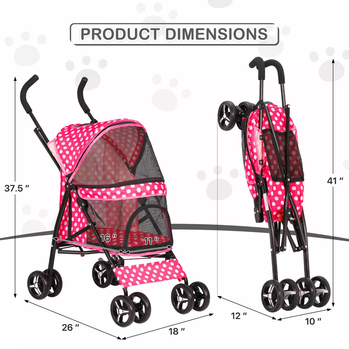 Foldable Pet Stroller with Mesh and Storage Basket Hot Pink