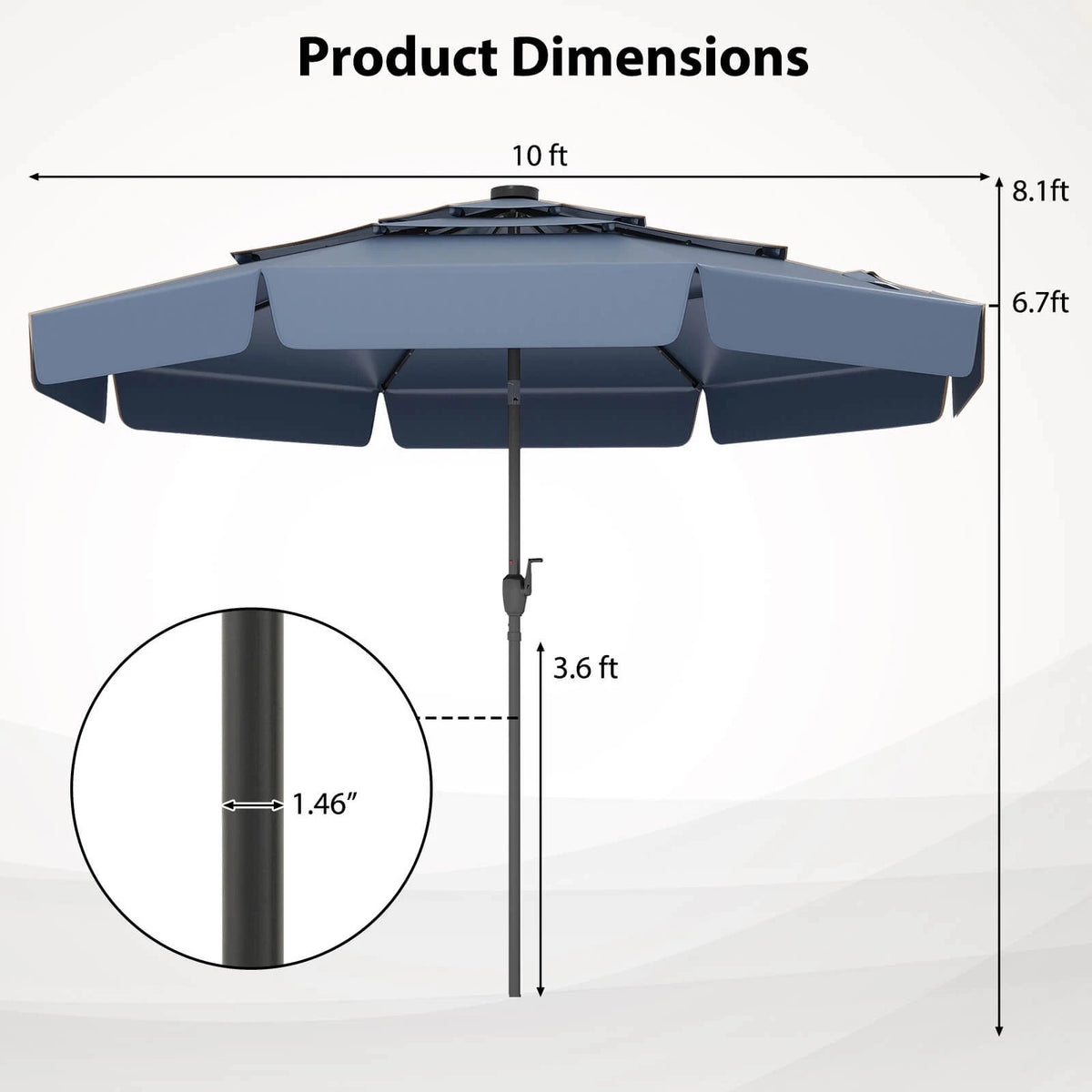 10 FT Solar Patio Umbrella with LED Lights and 3-Tier Vented Design