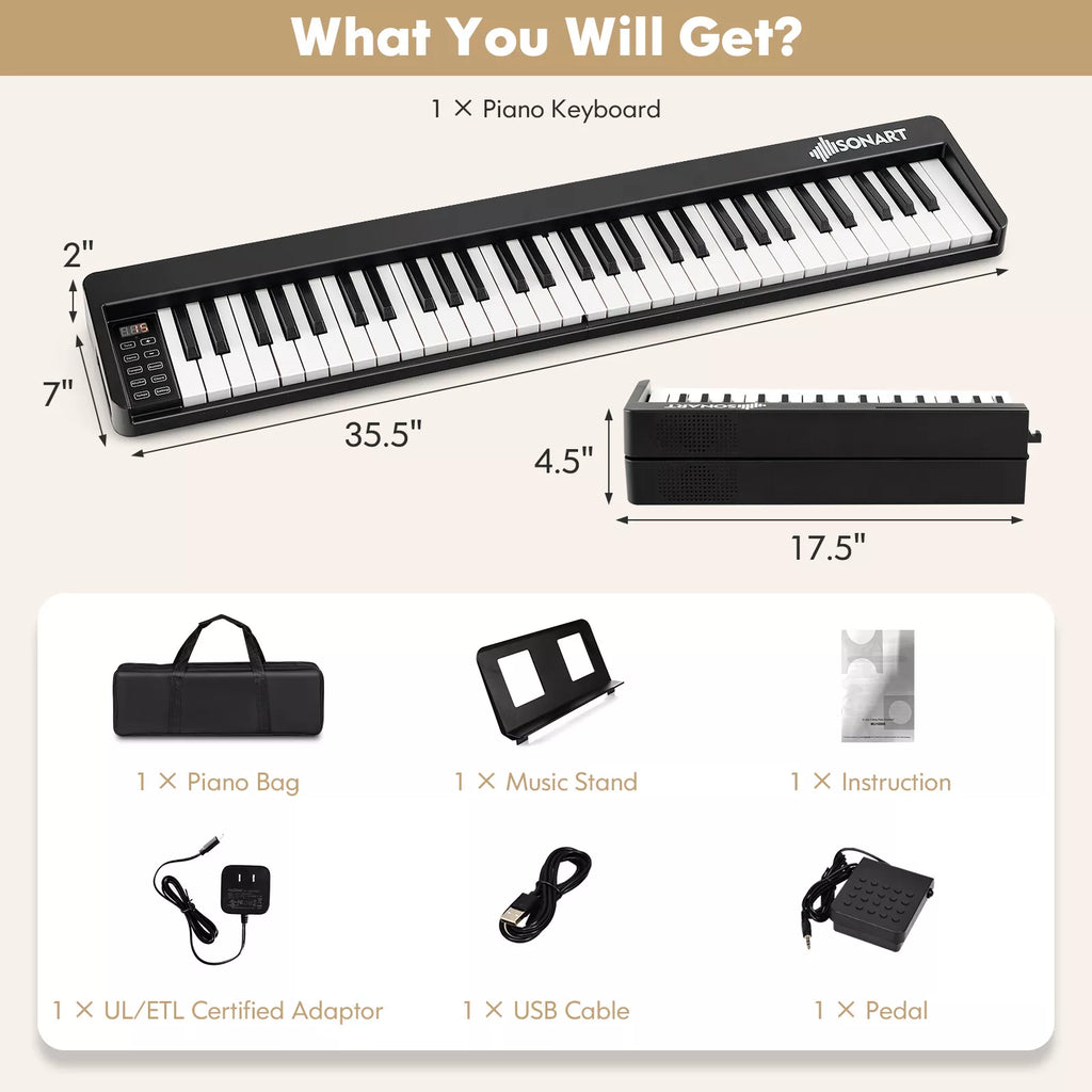 61-Key Folding Piano Keyboard with Semi-Weighted Keys  MIDI & Bluetooth