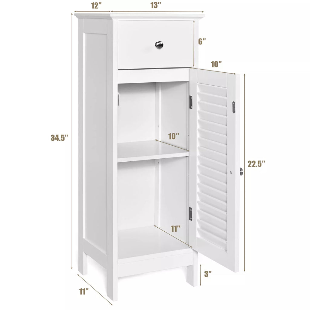 Slim White Bathroom Storage Cabinet with Drawer & Shutter Door