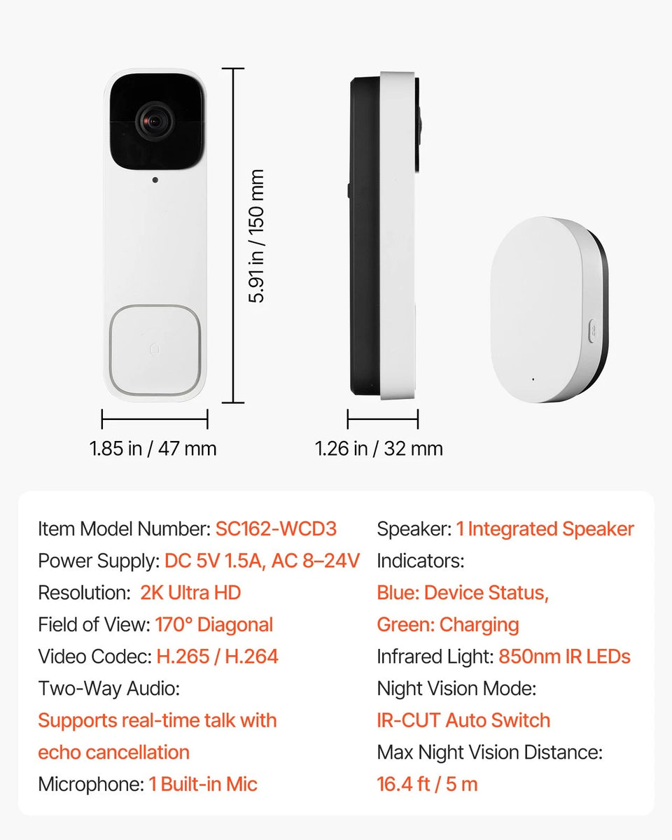 2K Wireless Video Doorbell Camera with 170° View & Smart Detection Pro